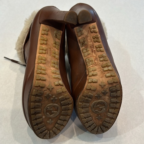 GUCCI MARMONT LOGO cognac LEATHER ANKLE BOOTS FAUX FUR TRIM WOMEN’S Size 7 / 37 - Picture 7 of 11
